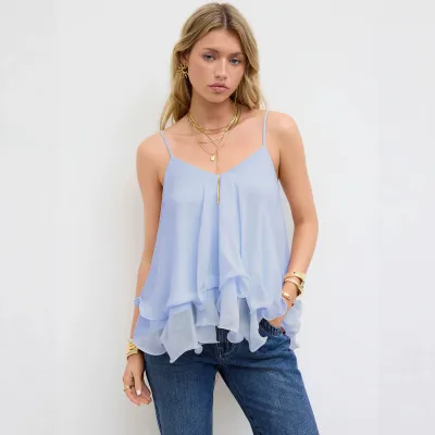 Women Fashion Sexy Polka Dot Print Ruffled Chiffon Camisole