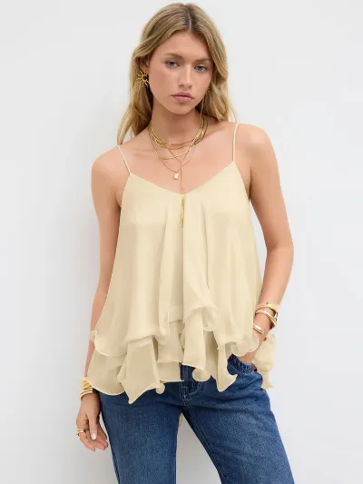 Women Fashion Sexy Polka Dot Print Ruffled Chiffon Camisole