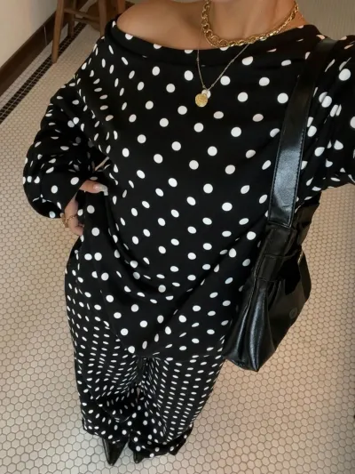 Women Fashion Casual Polka Dot Print Long Sleeve Sweatshirt Pocket Drawstring Pants Two-Piece Set