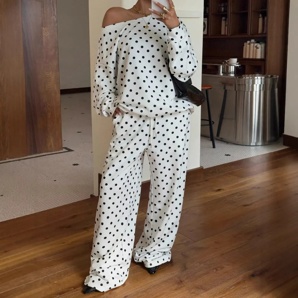 Women Fashion Casual Polka Dot Print Long Sleeve Sweatshirt Pocket Drawstring Pants Two-Piece Set