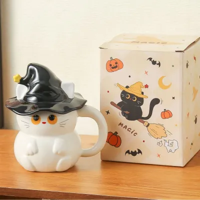 Halloween Creative Cute Magic Cat Mug With Lid Ghost Ceramic Water Cup
