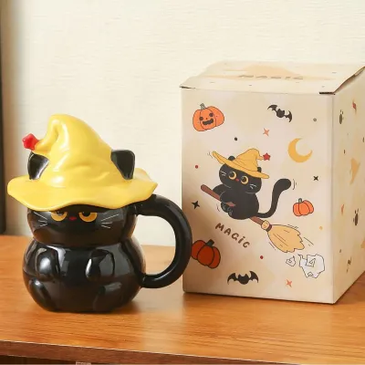 Halloween Creative Cute Magic Cat Mug With Lid Ghost Ceramic Water Cup