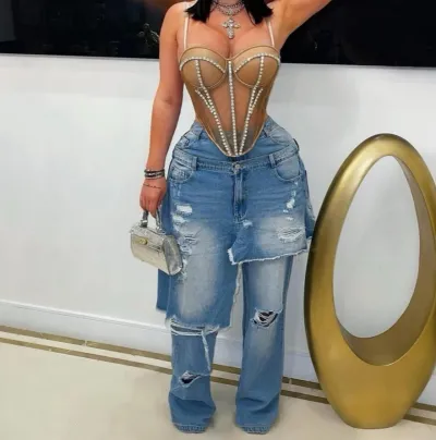 Personalized Design Women'S Fashion Stitching Ripped Straight Jeans