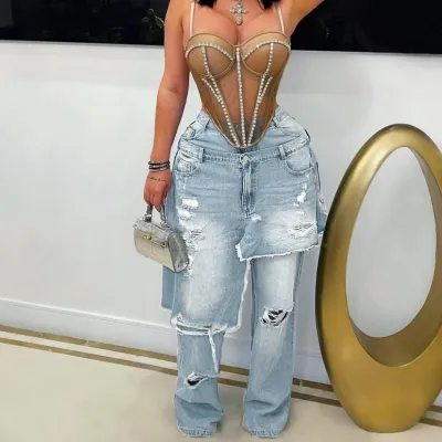 Personalized Design Women'S Fashion Stitching Ripped Straight Jeans