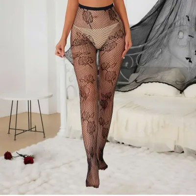 Women Fashion Sexy Solid Color Jacquard Hollow-Out Fishnet Stockings