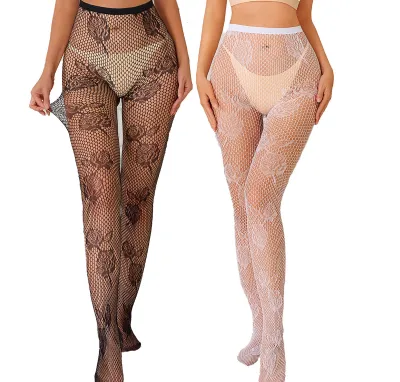 Women Fashion Sexy Solid Color Jacquard Hollow-Out Fishnet Stockings