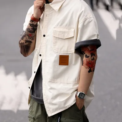 Men'S Fashion Casual Summer Solid Color Lapel Short-Sleeve Thin Loose Workwear Shirt