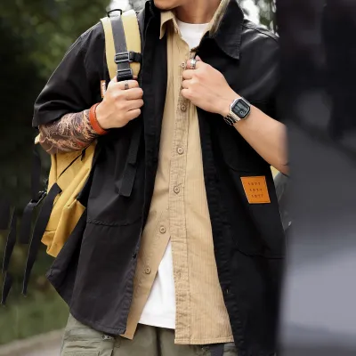 Men'S Fashion Casual Summer Solid Color Lapel Short-Sleeve Thin Loose Workwear Shirt