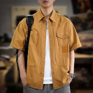 Men'S Fashion Casual Summer Solid Color Lapel Short-Sleeve Thin Loose Workwear Shirt