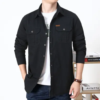 Men'S Fashion Casual Spring And Autumn Solid Color Long-Sleeve Loose Workwear Shirt