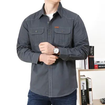 Men'S Fashion Casual Spring And Autumn Solid Color Long-Sleeve Loose Workwear Shirt