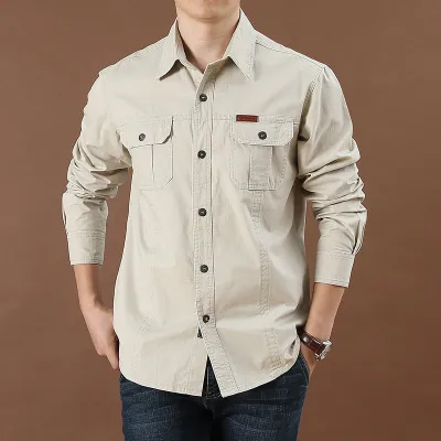 Men'S Fashion Casual Spring And Autumn Solid Color Long-Sleeve Loose Workwear Shirt