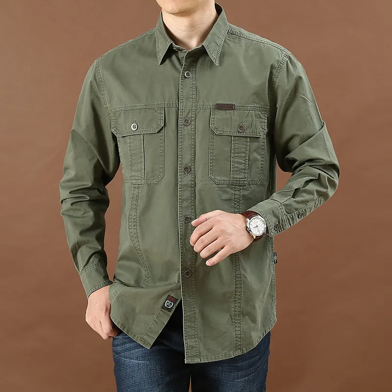 Men'S Fashion Casual Spring And Autumn Solid Color Long-Sleeve Loose Workwear Shirt