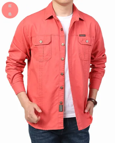 Men'S Fashion Casual Spring And Autumn Solid Color Long-Sleeve Loose Workwear Shirt