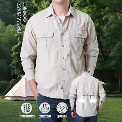 Men Fashion Casual Spring Solid Color Quick-Drying Long-Sleeve Breathable Pocket Workwear Shirt