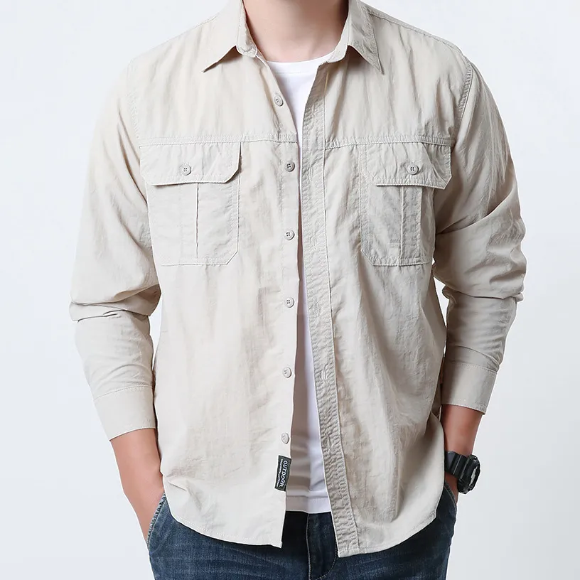 Men Fashion Casual Spring Solid Color Quick-Drying Long-Sleeve Breathable Pocket Workwear Shirt