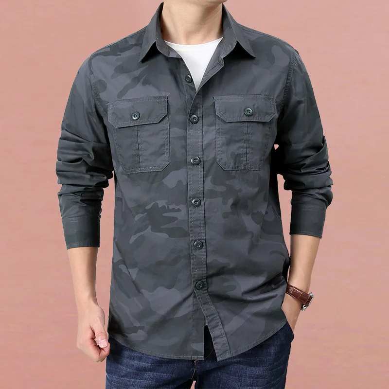 Men'S Fashion Casual Camouflage Washed Cotton Long-Sleeve Workwear Shirt