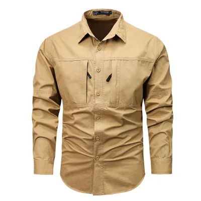 Men Fahsion Casual Spring And Autumn Lapel Long-Sleeve Pocket Workwear Shirt