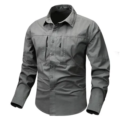 Men Fahsion Casual Spring And Autumn Lapel Long-Sleeve Pocket Workwear Shirt