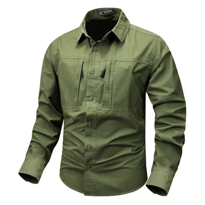 Men Fahsion Casual Spring And Autumn Lapel Long-Sleeve Pocket Workwear Shirt