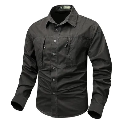 Men Fahsion Casual Spring And Autumn Lapel Long-Sleeve Pocket Workwear Shirt