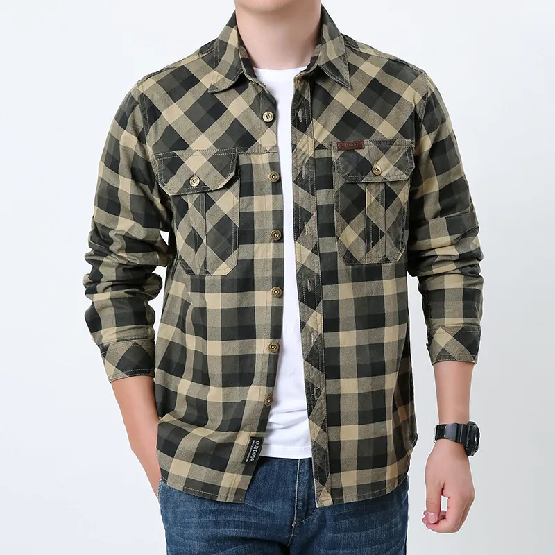 Men Fashion Casual Spring And Autumn Plaid Lapel Long Sleeve Cotton Workwear Shirt
