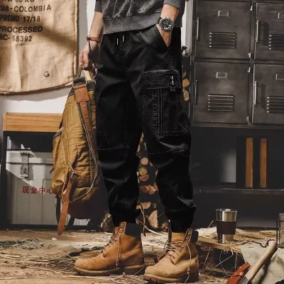 Men'S Fashion Casual Spring And Autumn Solid Color Multi-Pocket Cargo Pants