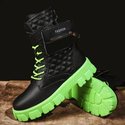 Men'S Fashion Autumn Solid Color Thick-Soled High-Top Leather Boots