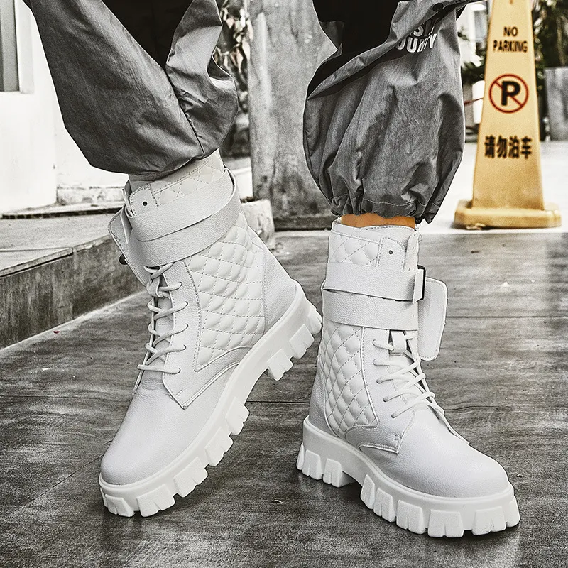Men'S Fashion Autumn Solid Color Thick-Soled High-Top Leather Boots