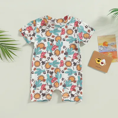 Kids Baby'S Boys And Girls Fashion Causal Cactus Printed Short-Sleeve Jumpsuits