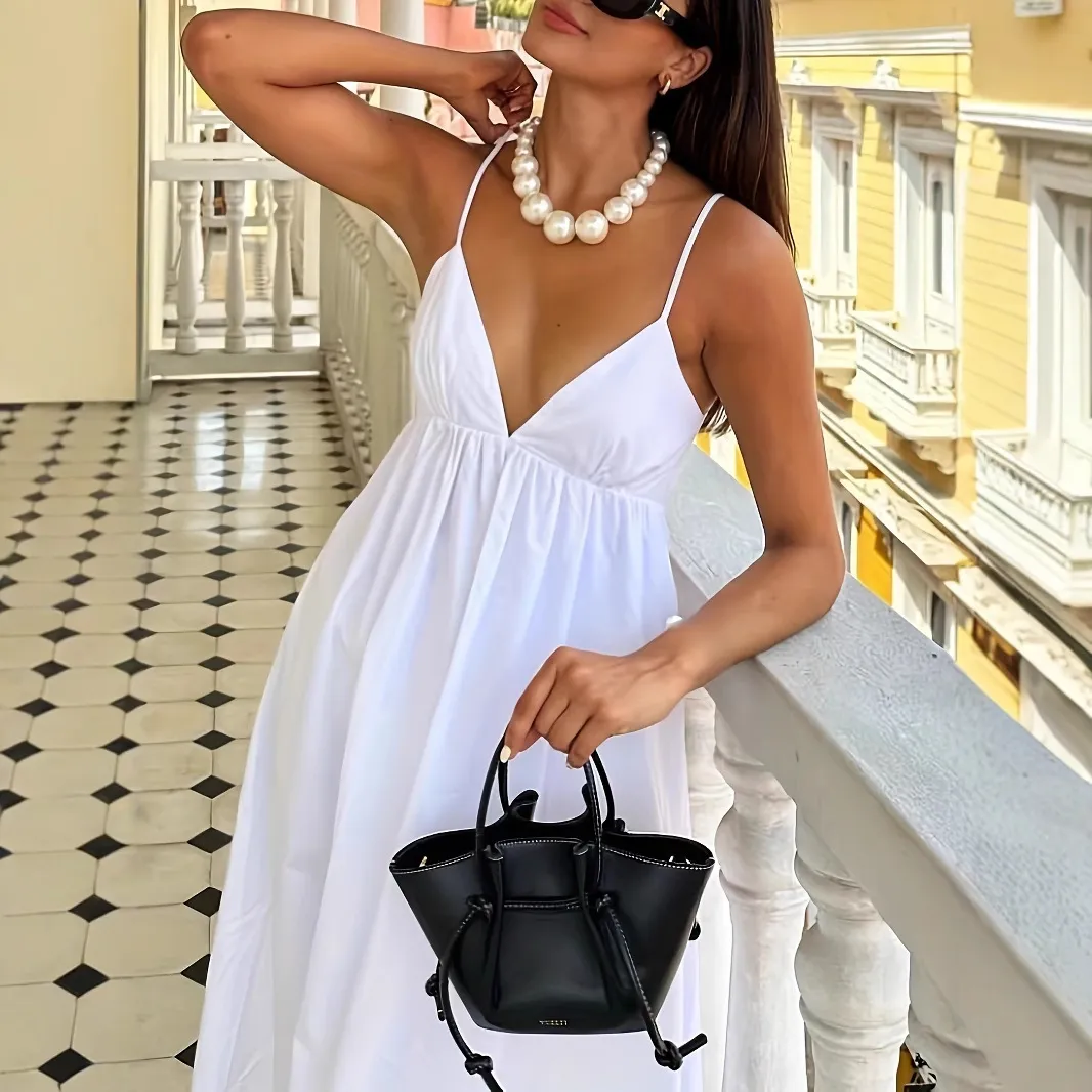 Women Vacation Fashion Solid Color Sling V-Neck Loose A- Line Maxi Dress
