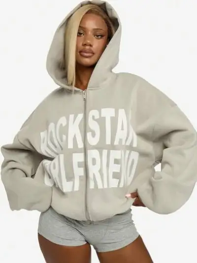 Women Casual Letter-Print Zip Hoodie