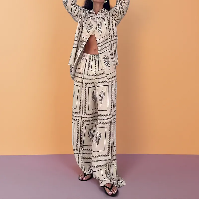 Women Fashion Casual Summer Printed Lapel Long-Sleeve Blouse Loose Pants Two-Piece Set