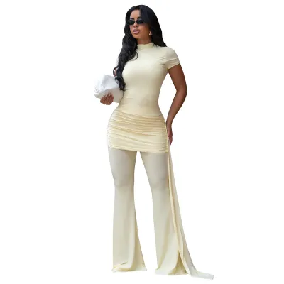 Women Fashion Solid Color High Neck Short-Sllleve Pleated Long Ribbon T-Shirt Flared Pants Two-Piece Set