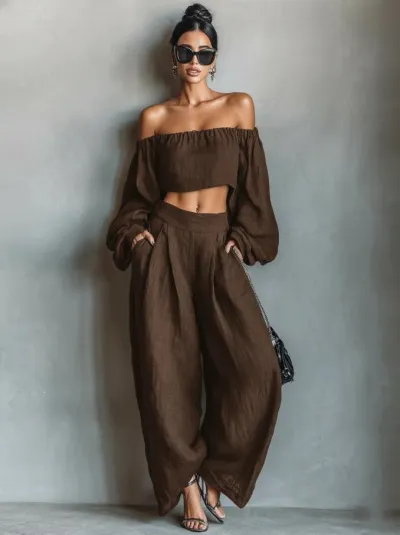 Women Fashion Solid Color Off-Shoulder Long-Sleeve Crop Top Loose Pants Two-Piece Set