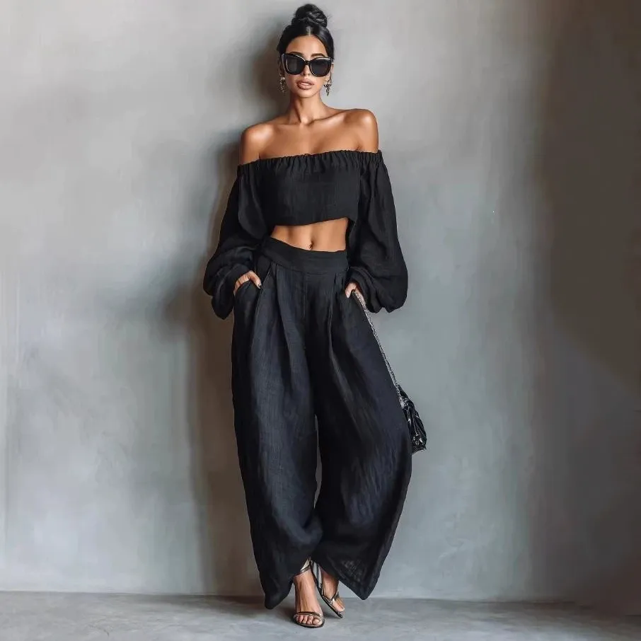 Women Fashion Solid Color Off-Shoulder Long-Sleeve Crop Top Loose Pants Two-Piece Set