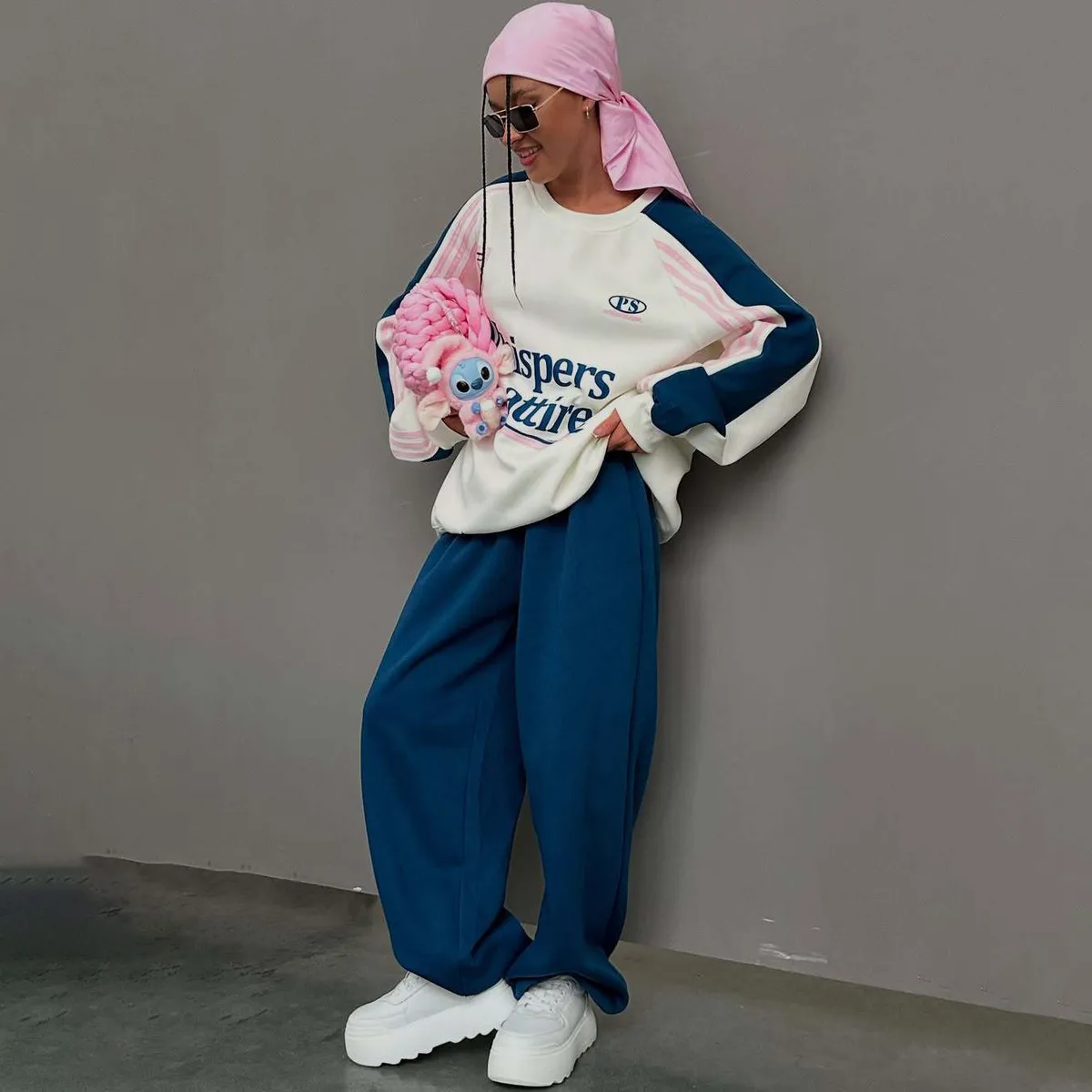 Women Fashion Casual Autumn And Wintercontrast Color Stitching Long-Sleeve Sweatshirt Loose Pants Two-Piece Set