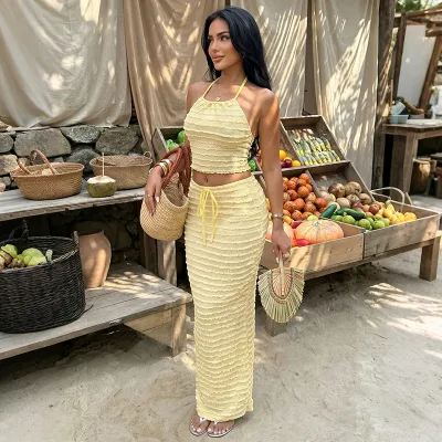Women Fashion Sexy Summer Solid Color Halter-Neck Camisole High Waist Maxi Skirts Two-Piece Set