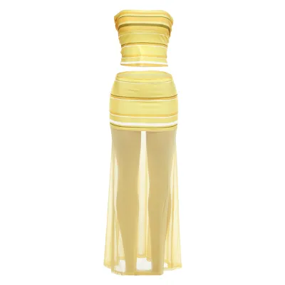 Women Fashion Sexy Summer Stripe Mesh Semi-Perspective Tube Top Maxi Skirts Two-Piece Set