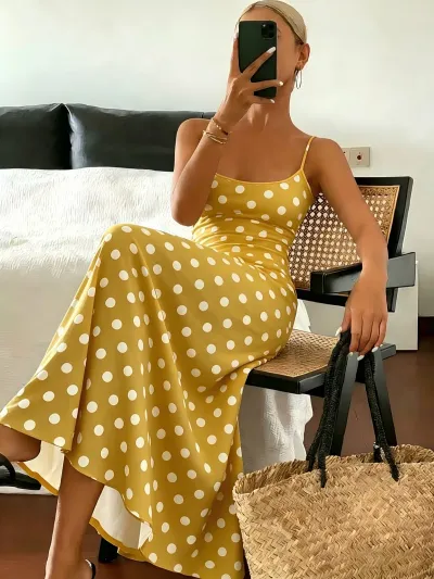 Women Elegant Polo Dot Print Maxi Dress