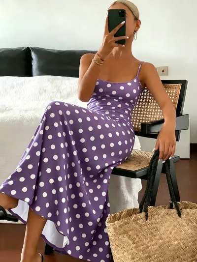 Women Elegant Polo Dot Print Maxi Dress