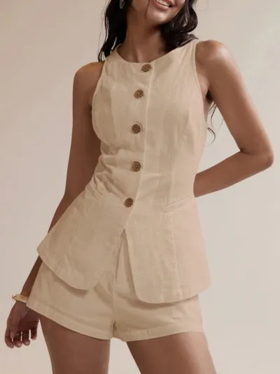 Women Fashion Casual Summer Solid Color Linen Sleeveless Vest Shorts Two-Piece Set