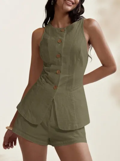 Women Fashion Casual Summer Solid Color Linen Sleeveless Vest Shorts Two-Piece Set