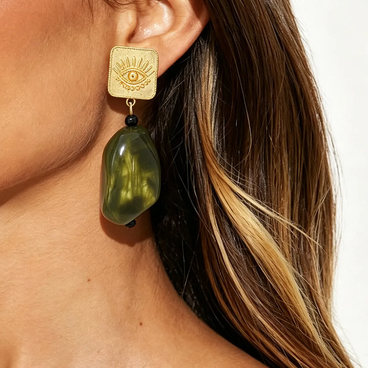 Women Fashion Retro Eyes Gold Square Stud Earrings