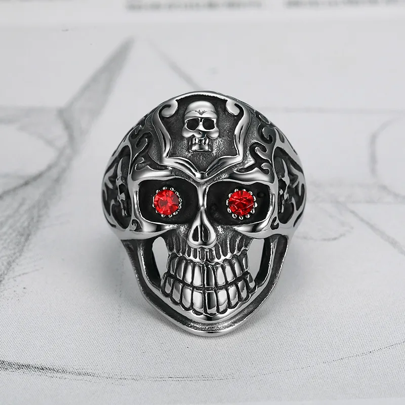 Men'S Fashion Retro Red Eye Rhinestone Ghost Head Skull Titanium Steel Punk Ring