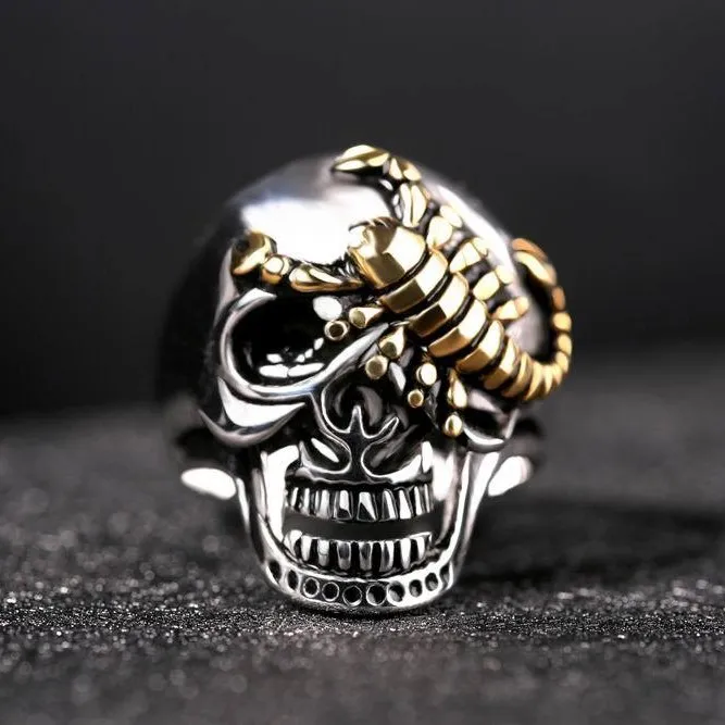 Men Fashion Retro Golden Scorpion Skull Titanium Ring