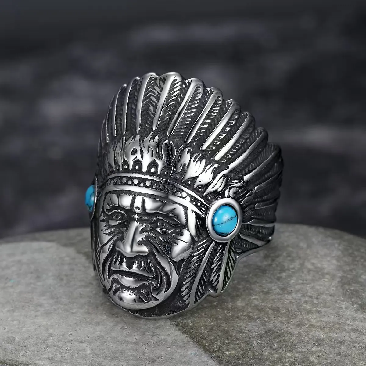 Men'S Fashion Hip Hop Retro Indian Chief Turquoise Stainless Steel Ring
