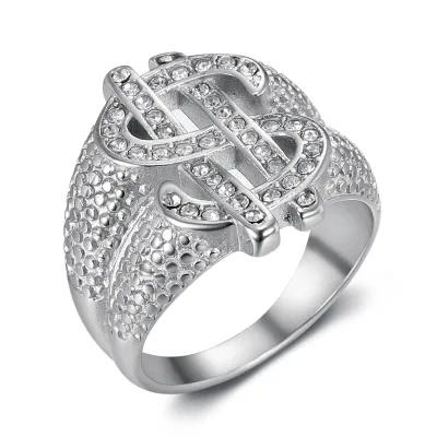 Men'S Fashion Hip Hop Exaggerated Stainless Steel Full Diamond Dollar Sign Ring