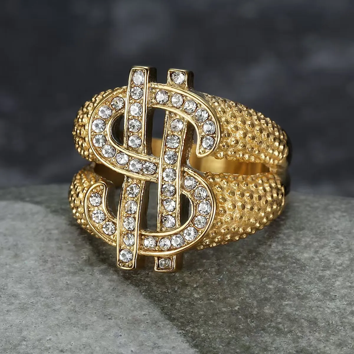 Men'S Fashion Hip Hop Exaggerated Stainless Steel Full Diamond Dollar Sign Ring