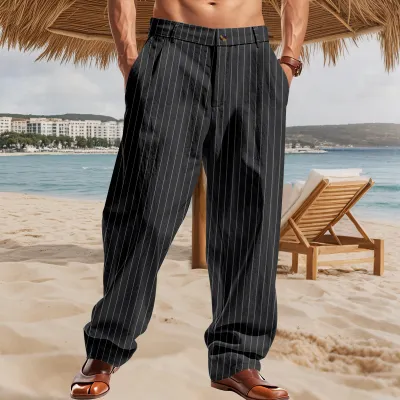 Men'S Fashion Casual Spring And Autumn Summer Thin Stripe Linen Zipper Straight Pants